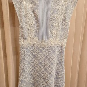 Sandro Lace Backless Dress in Light Blue and Cream